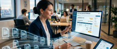 Woman interacting with digital interface showing invoices, contracts, and reports on computer screens
