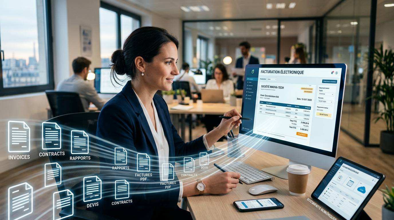 Woman interacting with digital interface showing invoices, contracts, and reports on computer screens